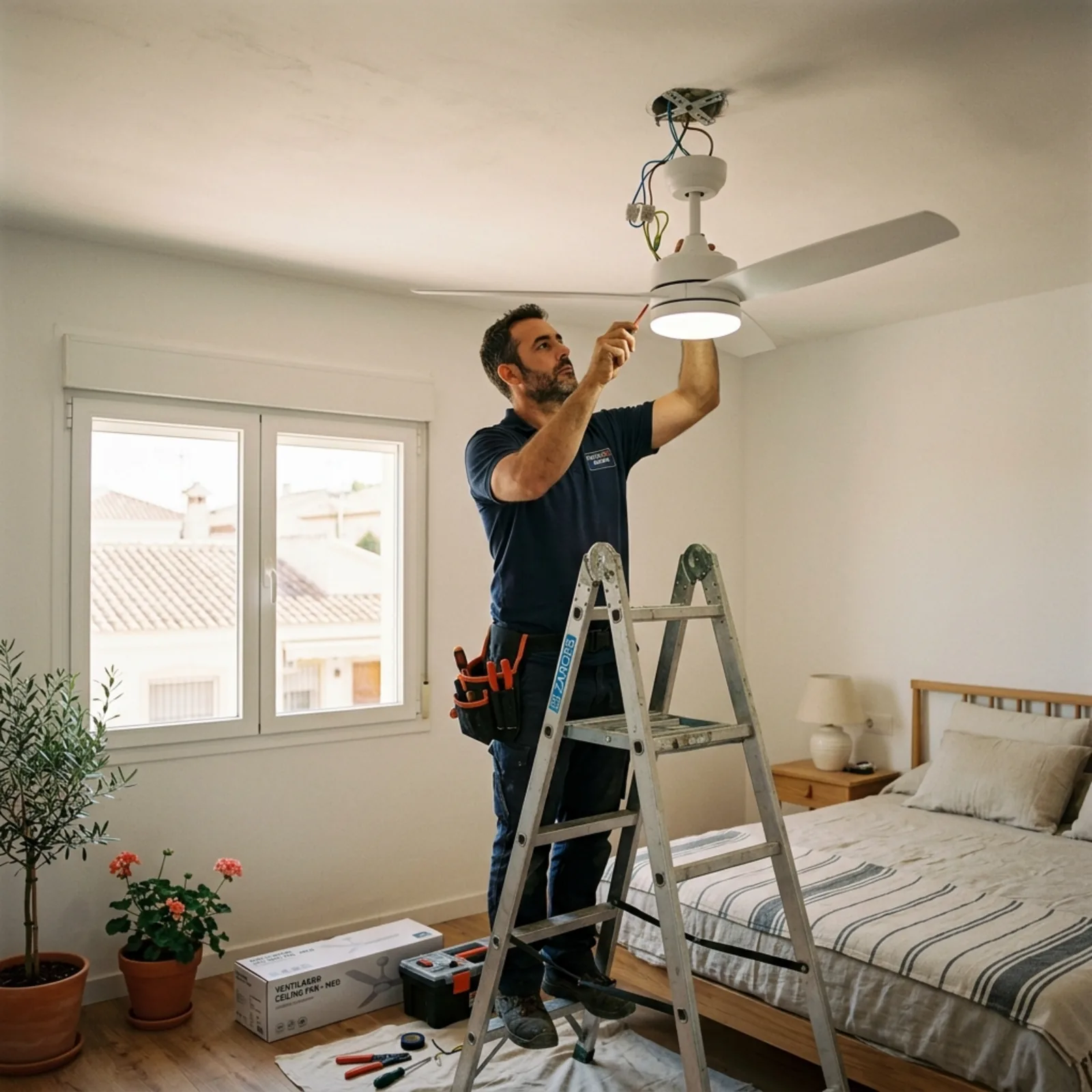 Detalle del cableado durante la instalación de un ventilador de techo