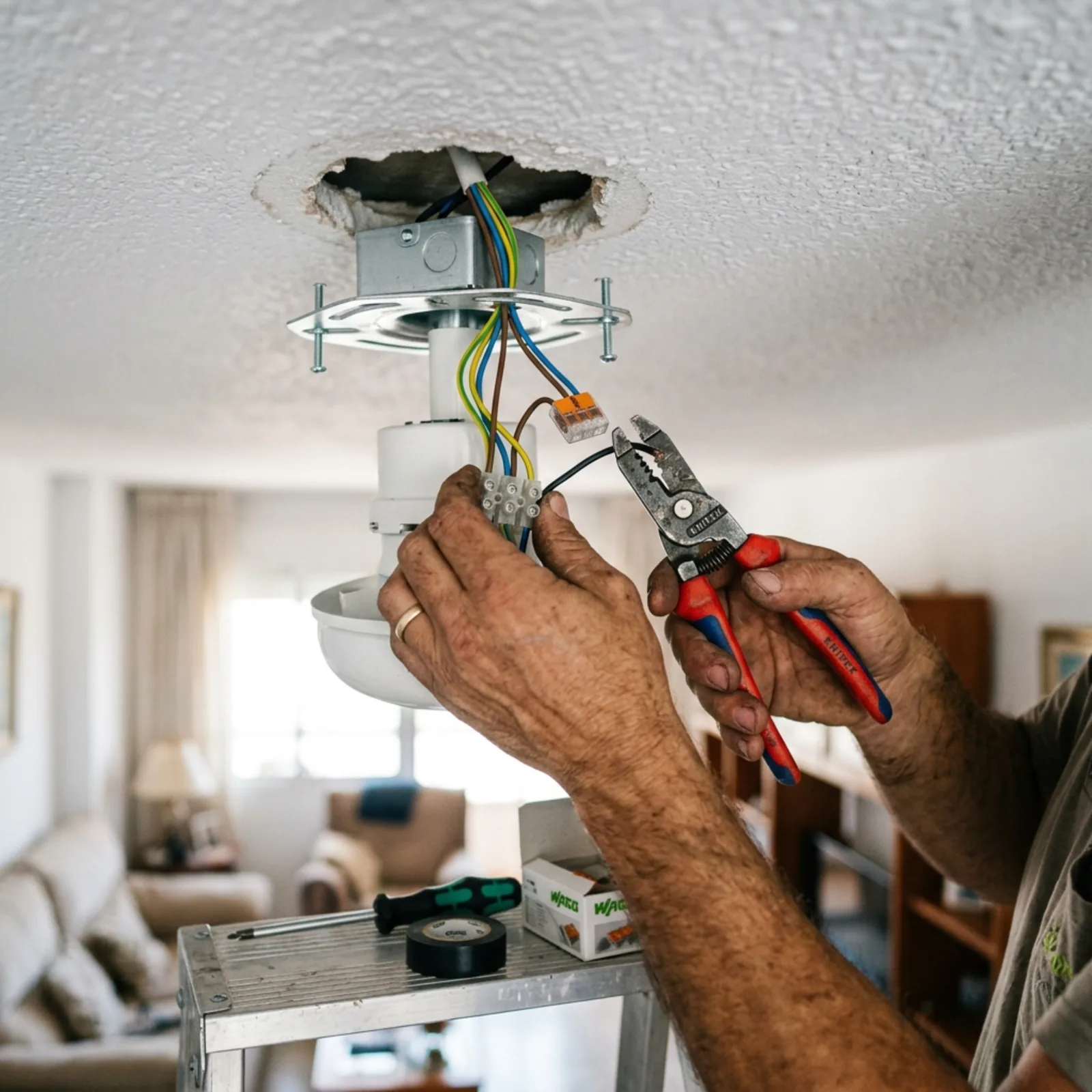 Técnico instalando un ventilador de techo en una vivienda de Alicante